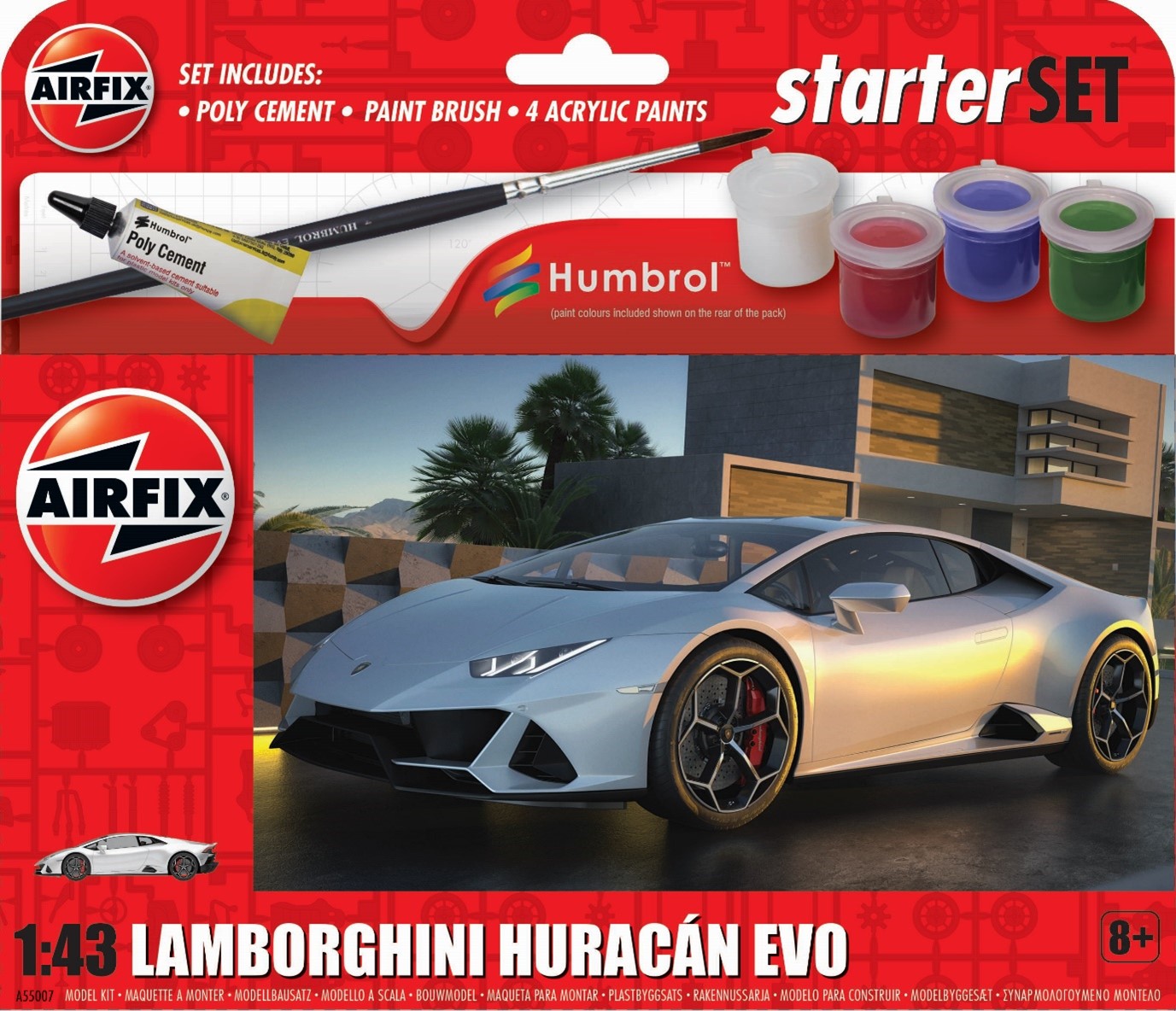 Airfix has revealed that its A55007 Lamborghini Huracán EVO Starter Set is now available in 1:43 scale.